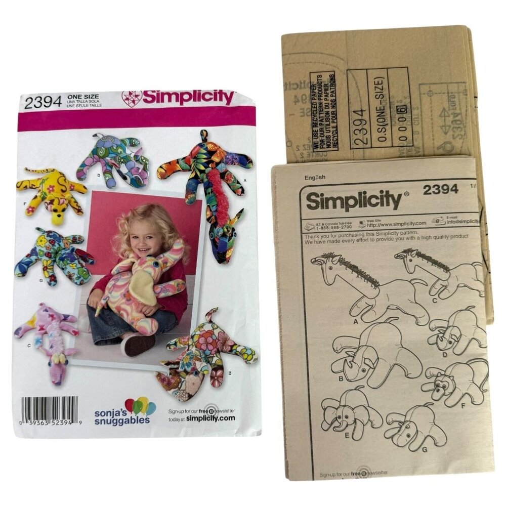 Simplicity 2394 Sewing Pattern Fleece Stuffed Animals Toys Giraffe Rhino Monkey